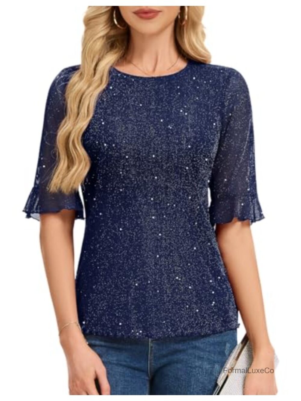 Women's Sparkly Sequin Blouse 3/4 Bell Sleeve Dressy Evening Top